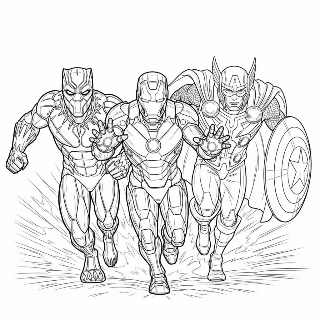 Black Panther und Avengers Ausmalbild in Kampfszene zum Ausdrucken für Kinder und Erwachsene mit klaren Linien zum Ausmalen