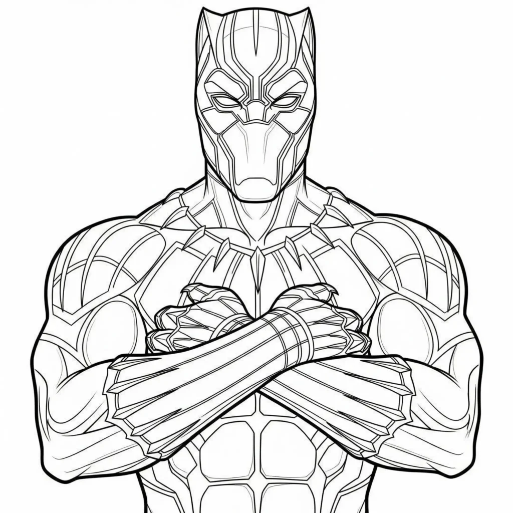 Black Panther Ausmalbilder in Heldenpose zum Ausdrucken für Kinder und Erwachsene mit klaren Linien zum Ausmalen
