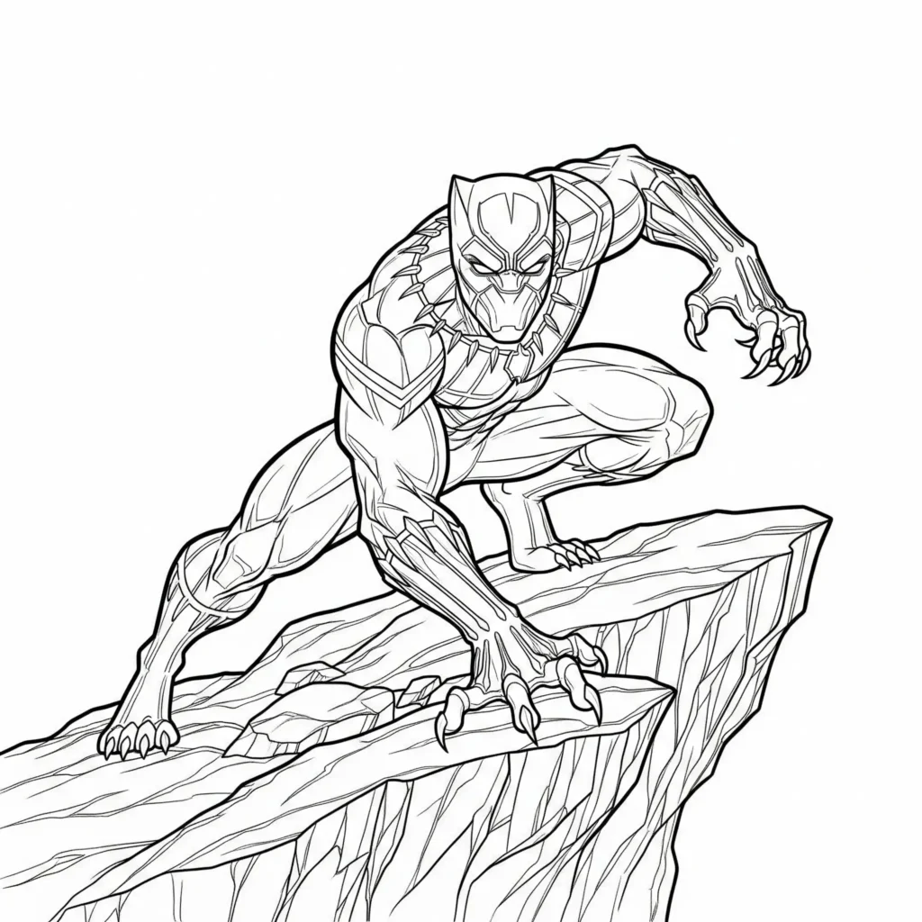 Black Panther Ausmalbild in Kampfhaltung zum Ausdrucken für Kinder und Erwachsene mit klaren Linien zum Ausmalen