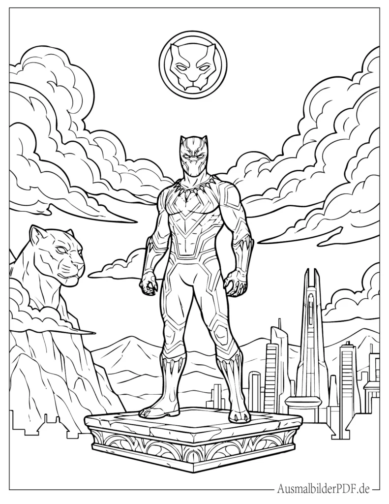 14 Black Panther Ausmalbilder (Gratis Vorlagen zum drucken) Stimmungsvolle Ausmalvorlage zeigt Black Panther stehend vor der Skyline von Wakanda, ideal für Marvel Fans