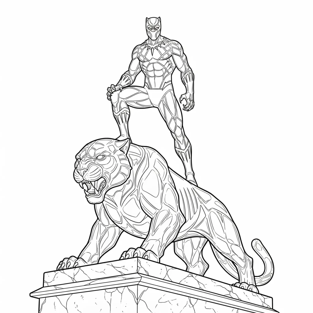Black Panther Ausmalbilder mit Black Panther auf Panther Statue zum Ausdrucken für Kinder und Erwachsene zum Ausmalen