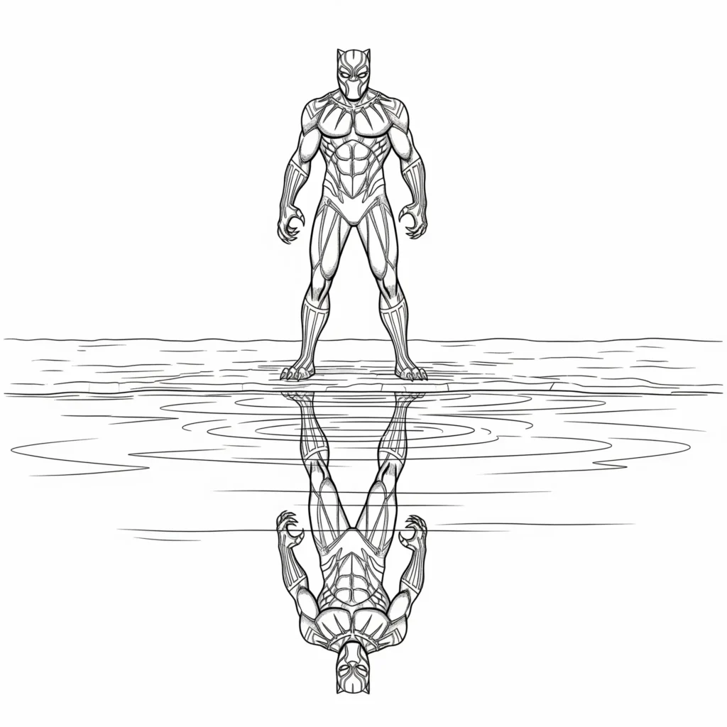 Black Panther Ausmalbilder mit Spiegelung im Wasser zum Ausdrucken für Kinder und Erwachsene zum Ausmalen mit klaren Linien