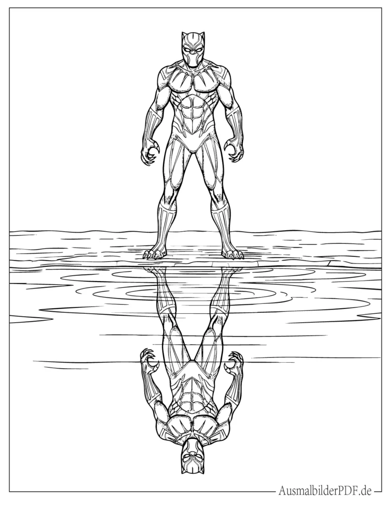 14 Black Panther Ausmalbilder (Gratis Vorlagen zum drucken) Kreatives Ausmalblatt zeigt Black Panther mit einer ruhigen Spiegelung im Wasser in einer detailreichen Comic Szene