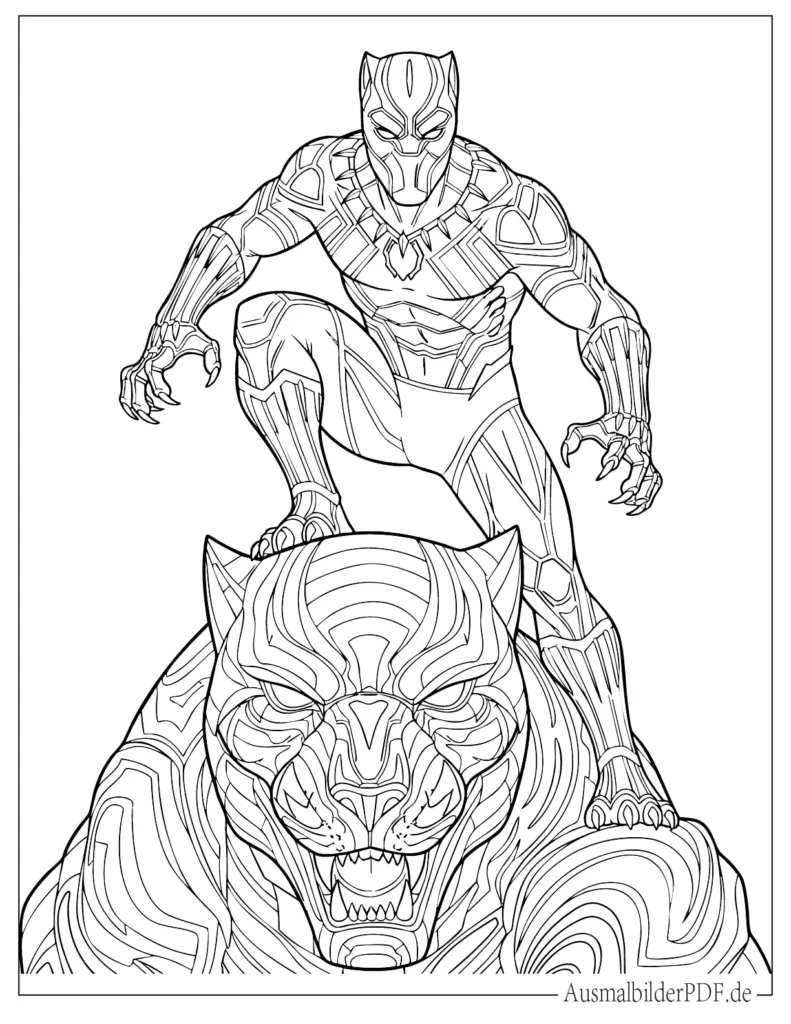 14 Black Panther Ausmalbilder (Gratis Vorlagen zum drucken) Detailreiche Malvorlage mit Black Panther auf einer mächtigen Vibranium Statue, ideal für kleine Marvel Fans zum Ausmalen