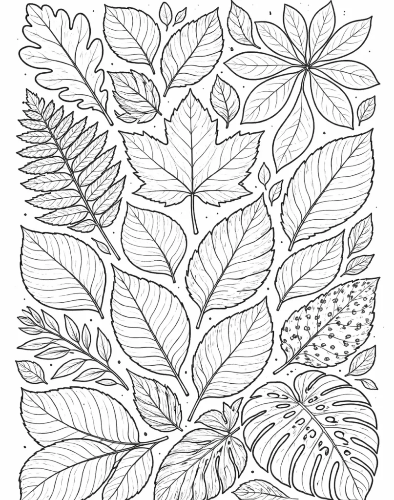 Blätter Ausmalbild für Kinder mit verschiedenen Laubformen, ideal als kostenlose Malvorlage zum Ausdrucken