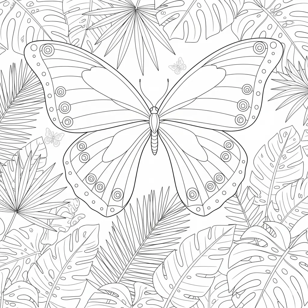 30+ Schmetterling Ausmalbilder (Gratis Malvorlage zum drucken) Ein beeindruckender blauer Morpho-Schmetterling mit weit geöffneten Flügeln sitzt auf einer Blume und zeigt seine leuchtende Schönheit. Perfekt zum Ausmalen.