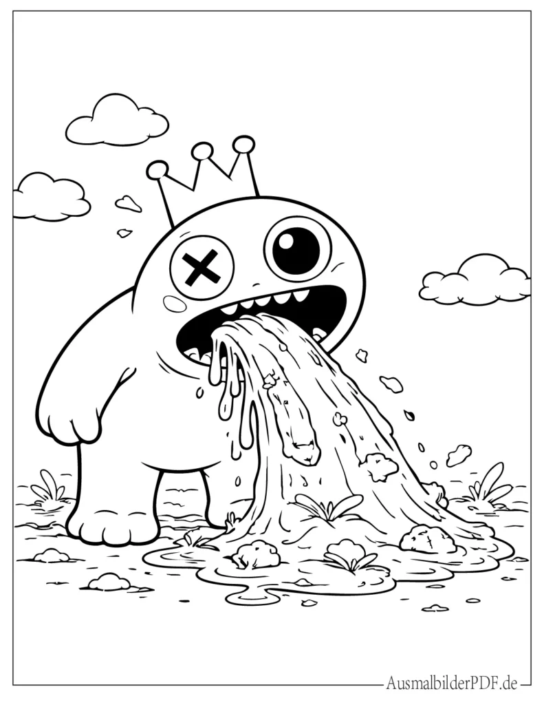 Ausmalbild eines blauen Rainbow Friend, der erbricht, ideal für Kinder zum Drucken, Ausmalen und kreativen Spaß haben