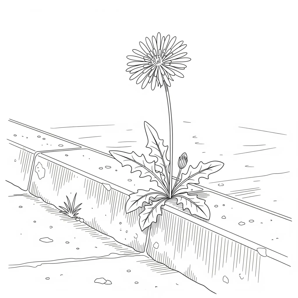 30+ Blumen Ausmalbilder (Gratis Malvorlage zum Ausdrucken) Ausmalbild als PDF mit einer Blume, die durch einen rissigen Gehweg wächst, ideal zum Ausdrucken für Kinder und Jugendliche