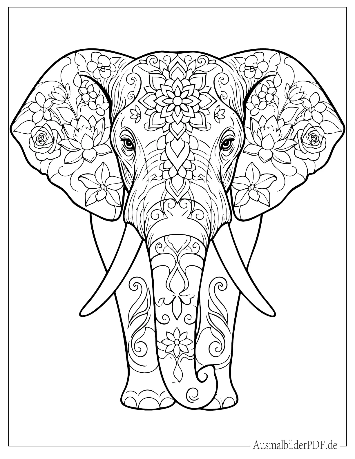 Blumen Elefant Kopf mit Mandala Design Ausmalbild