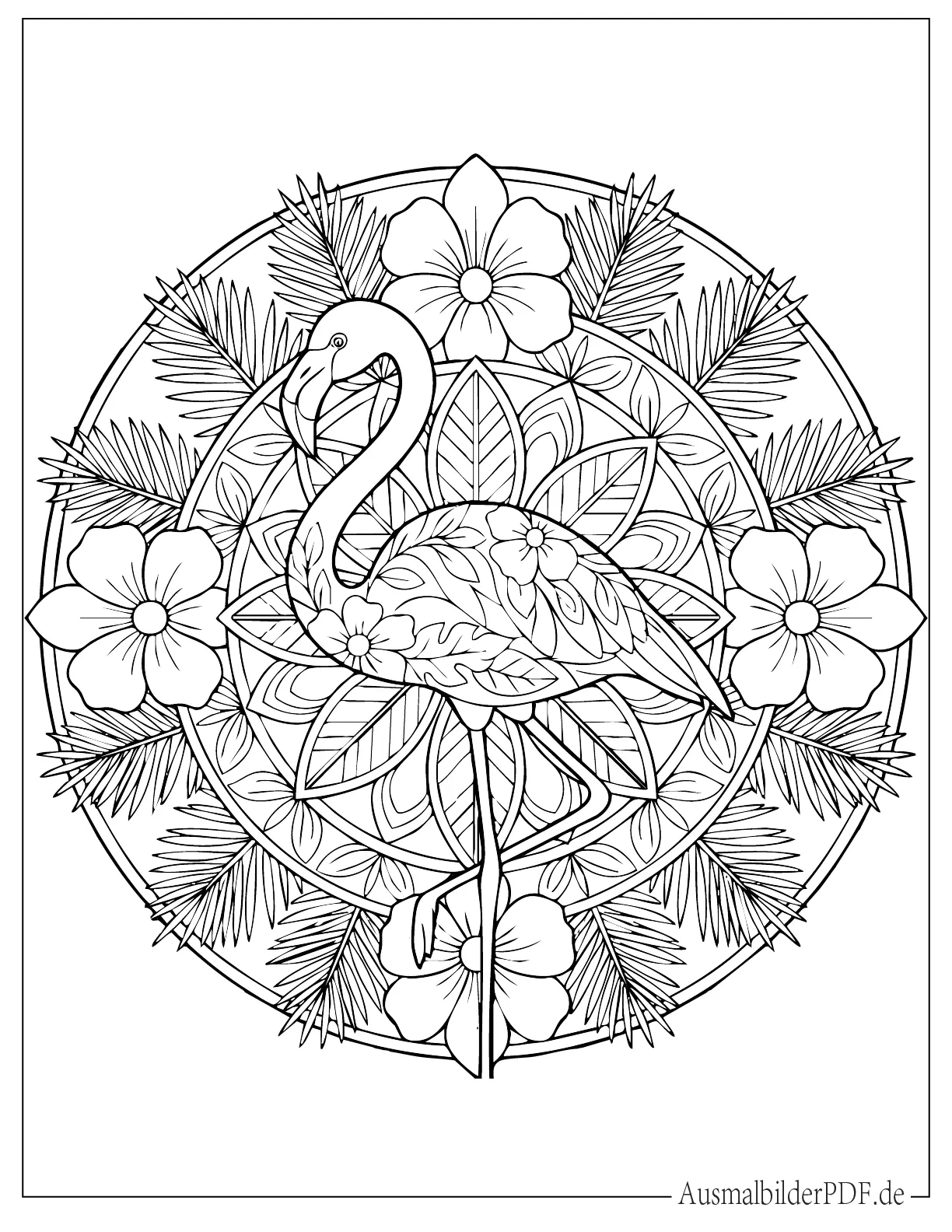 Detailliertes Blumen Flamingo Mandala Ausmalbild für Erwachsene