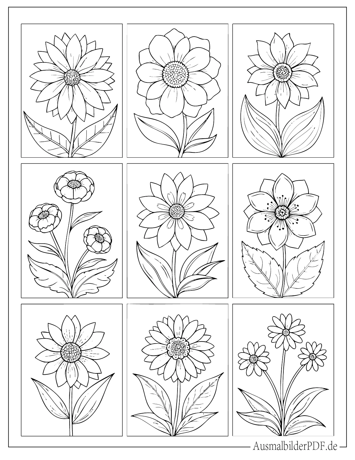 Viele verschiedene Blumen Malbild zum Ausmalen