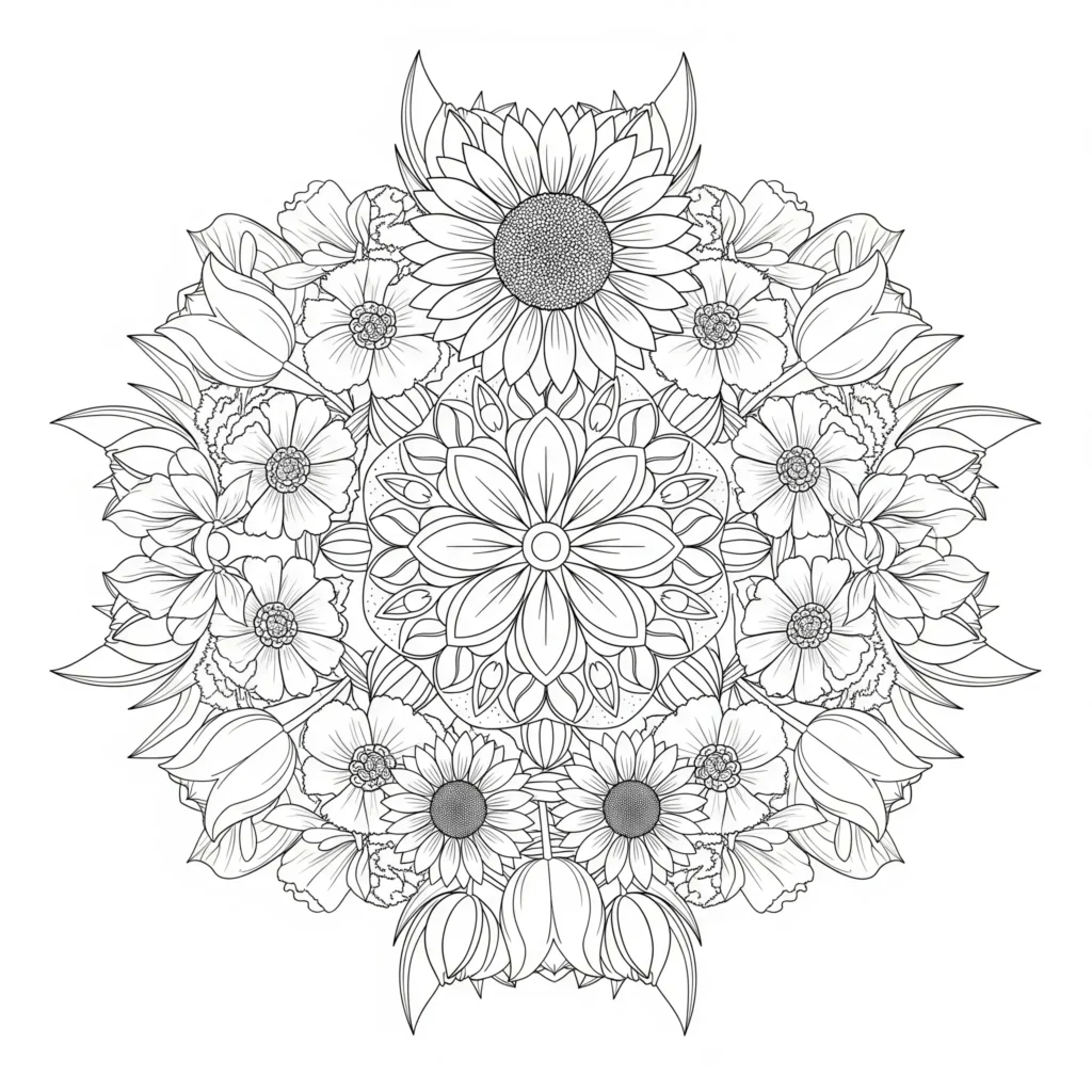 30+ Blumen Ausmalbilder (Gratis Malvorlage zum Ausdrucken) Malvorlage mit Blumen Mandala zum Ausdrucken als PDF, geeignet für Kinder und Erwachsene zur kreativen Entspannung