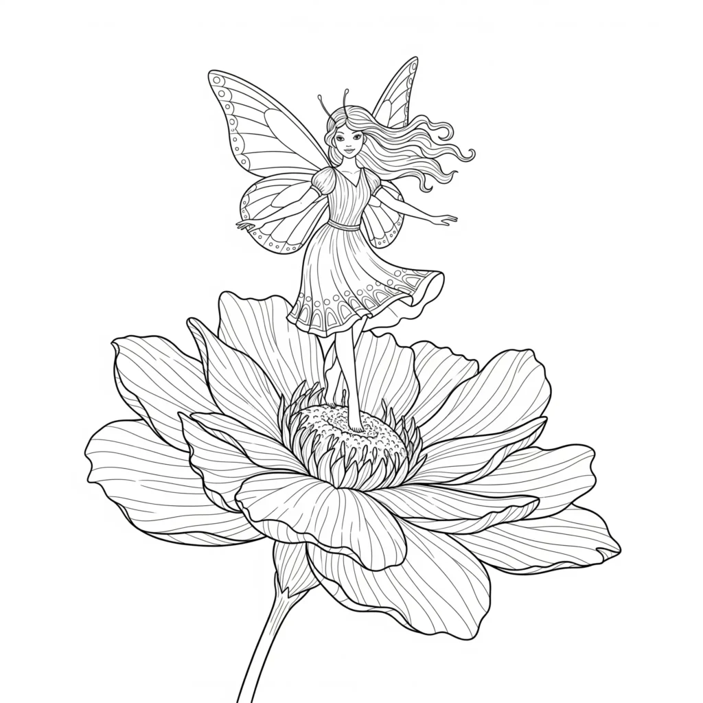 16 Feen Ausmalbilder (Kostenlos Malvorlage zum Ausdrucken) ausmalbild fee für kinder mit tanzender blumenfee auf einem blatt als pdf vorlage zum drucken