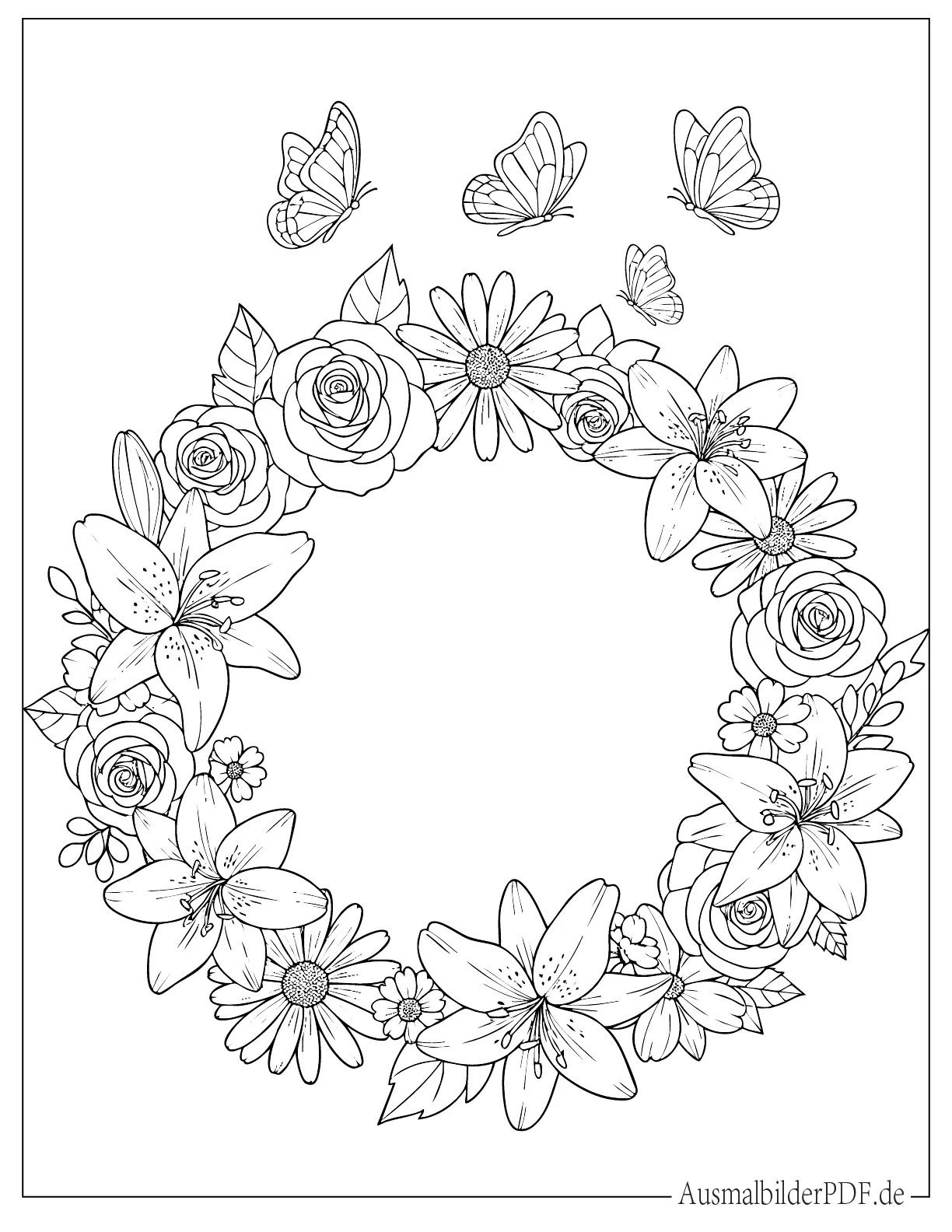 Detaillierte Blumenkrone mit Schmetterlingen zum Ausmalen