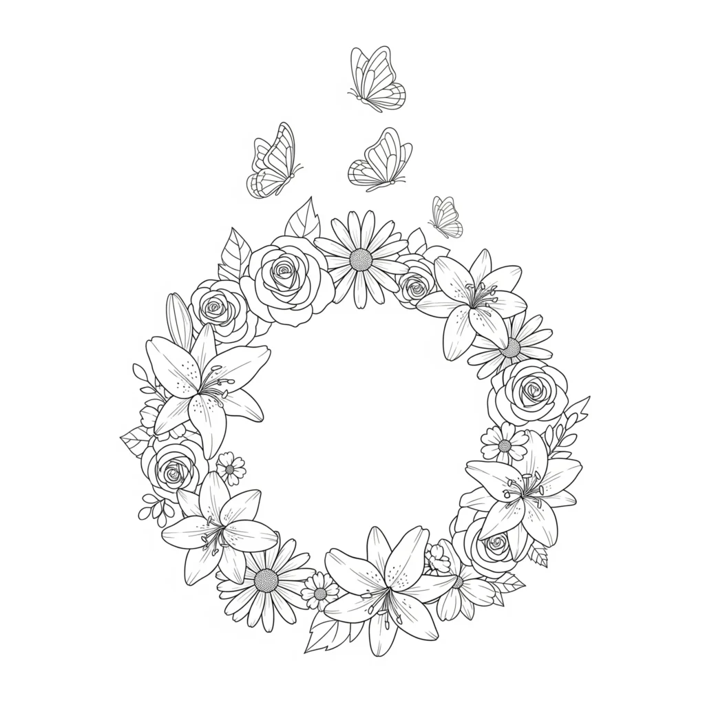 30+ Blumen Ausmalbilder (Gratis Malvorlage zum Ausdrucken) Ausmalbild als PDF mit einem Blumenkranz, auf dem Schmetterlinge sitzen, zum Ausdrucken für Kinder und Jugendliche