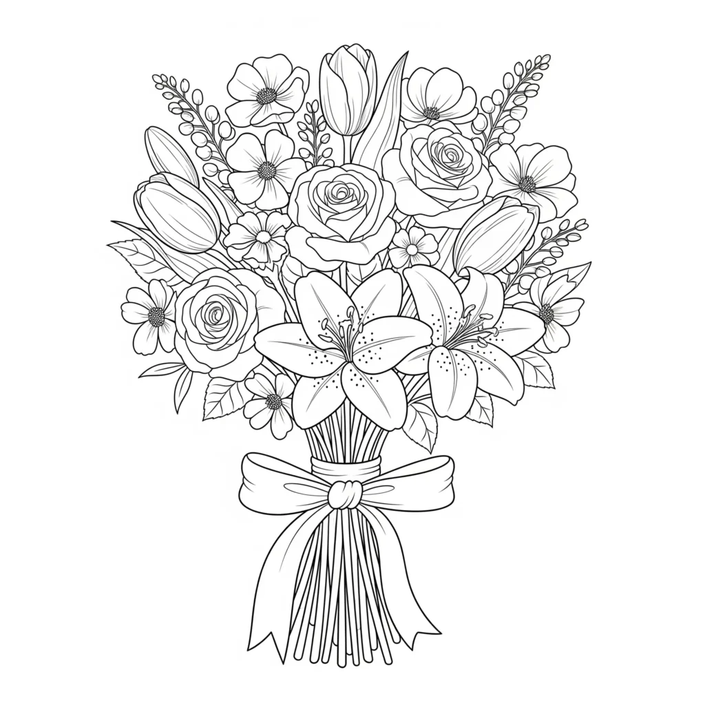 30+ Blumen Ausmalbilder (Gratis Malvorlage zum Ausdrucken) Ausmalbild mit einem hübschen Blumenstrauß als PDF zum Ausdrucken für Kinder und Erwachsene geeignet