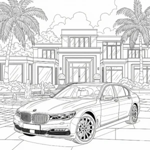 BMW 7er Serie Ausmalbild vor einer luxuriösen Einfahrt, perfekt zum Ausdrucken und Ausmalen für Kinder