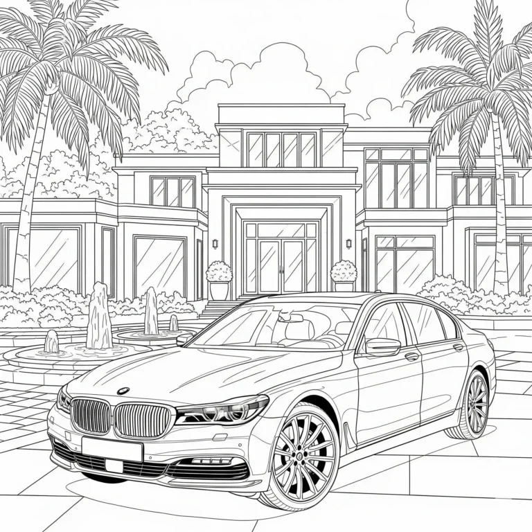 BMW 7er Serie Ausmalbild vor einer luxuriösen Einfahrt, perfekt zum Ausdrucken und Ausmalen für Kinder