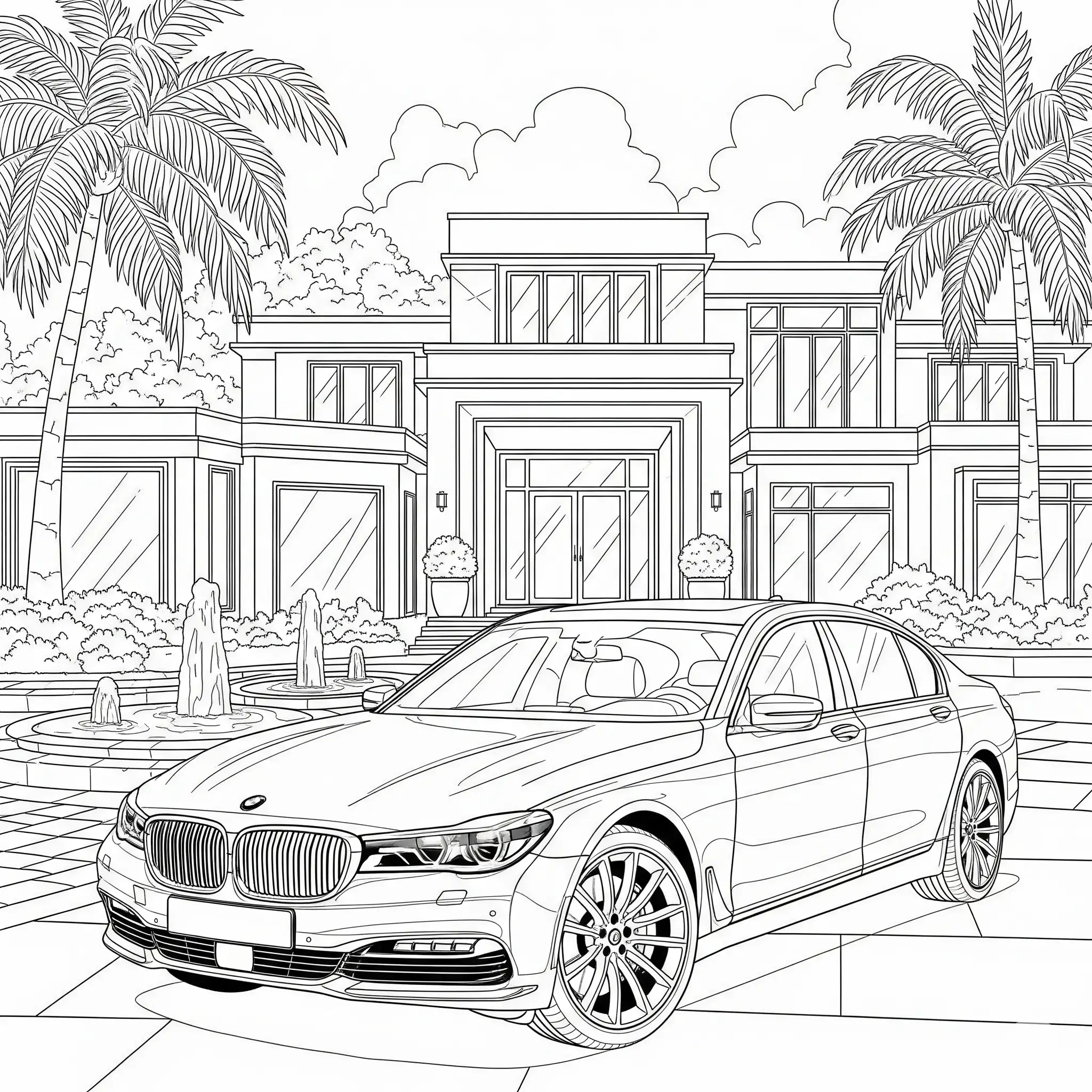 BMW 7er Serie Ausmalbild vor einer luxuriösen Einfahrt, perfekt zum Ausdrucken und Ausmalen für Kinder