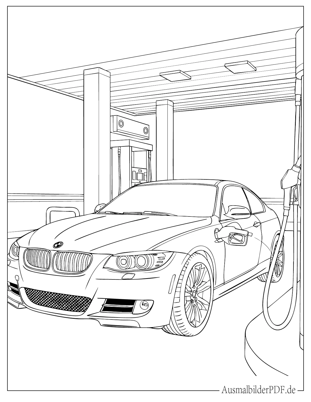 BMW Auto an Tankstelle Ausdruckbare Ausmalbild