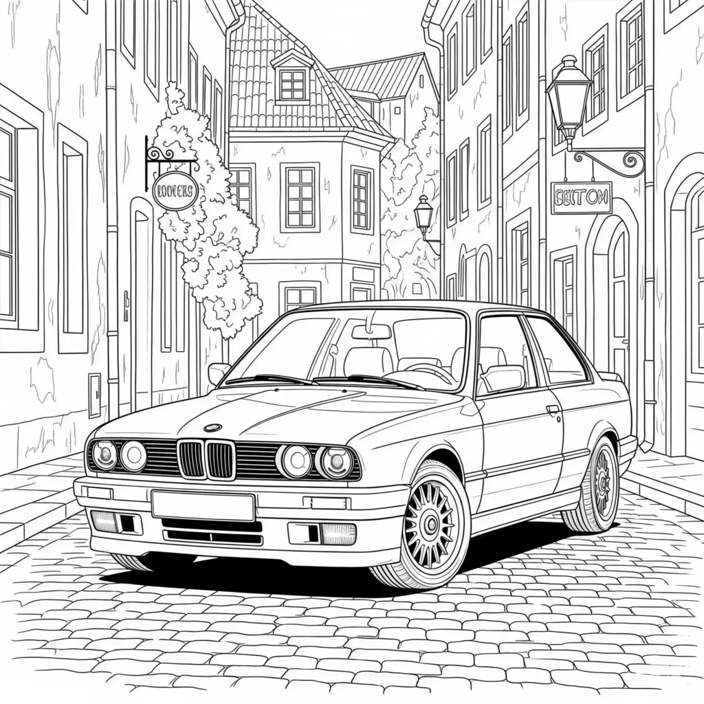 BMW E30 Ausmalbild vor einer Stadtkulisse, perfekt zum Ausdrucken und Ausmalen für Kinder