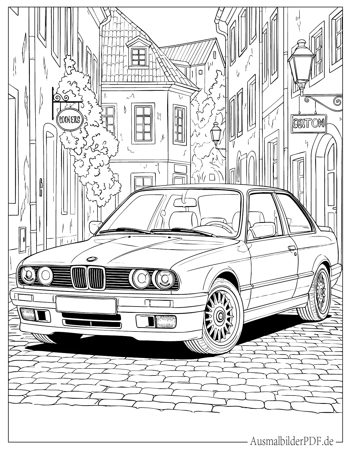 Klassischer BMW E30 auf der Straße geparkt Ausmalvorlage