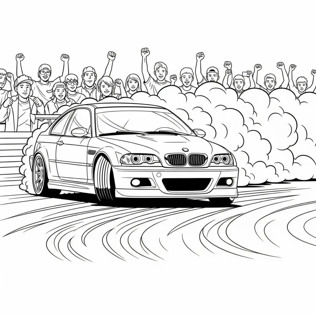 BMW M3 Ausmalbild zeigt ein Auto beim Driften auf einem Parkplatz, ideal zum Ausdrucken für Kinder