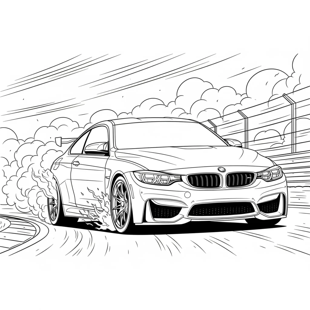 BMW M4 Rennauto Ausmalbild auf der Rennstrecke, perfekt zum Ausdrucken und Ausmalen für Kinder