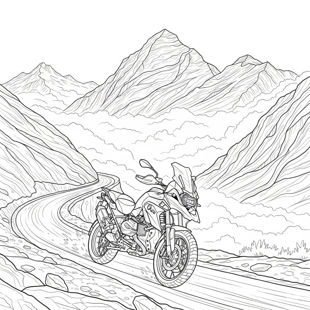 BMW Motorrad Ausmalbild auf einer kurvenreichen Bergstraße zum Ausdrucken und Ausmalen für Kinder