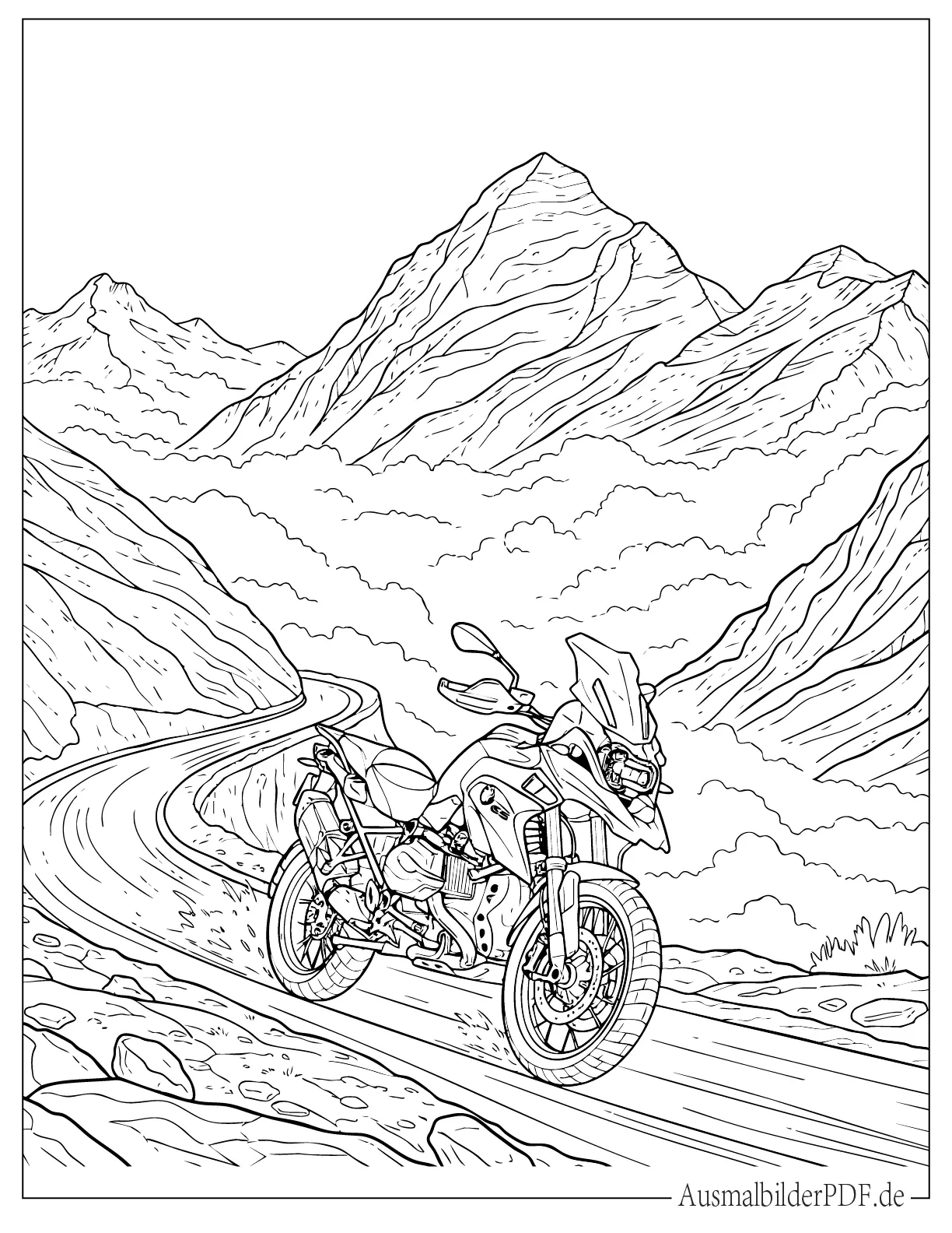 BMW Motorrad auf einer Bergstraße zum Ausmalen