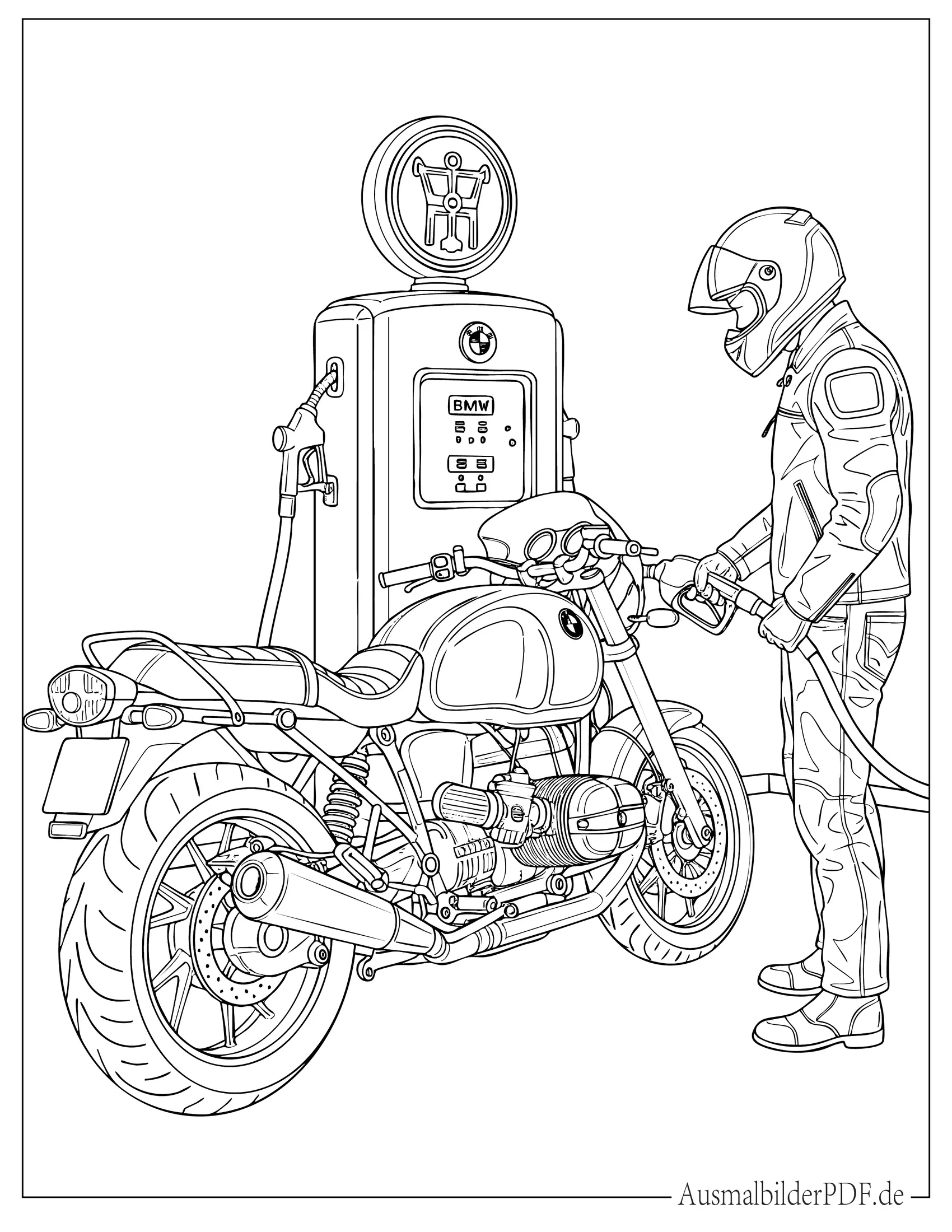 BMW Motorrad an Tankstelle zum Ausmalen