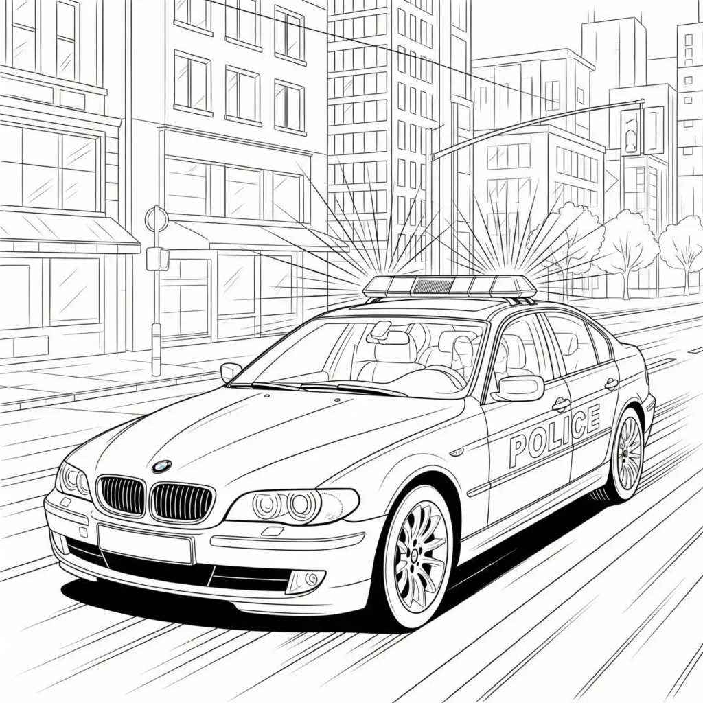 BMW Polizeiauto Ausmalbild in Aktion, ideal zum Ausdrucken und Ausmalen für Kinder