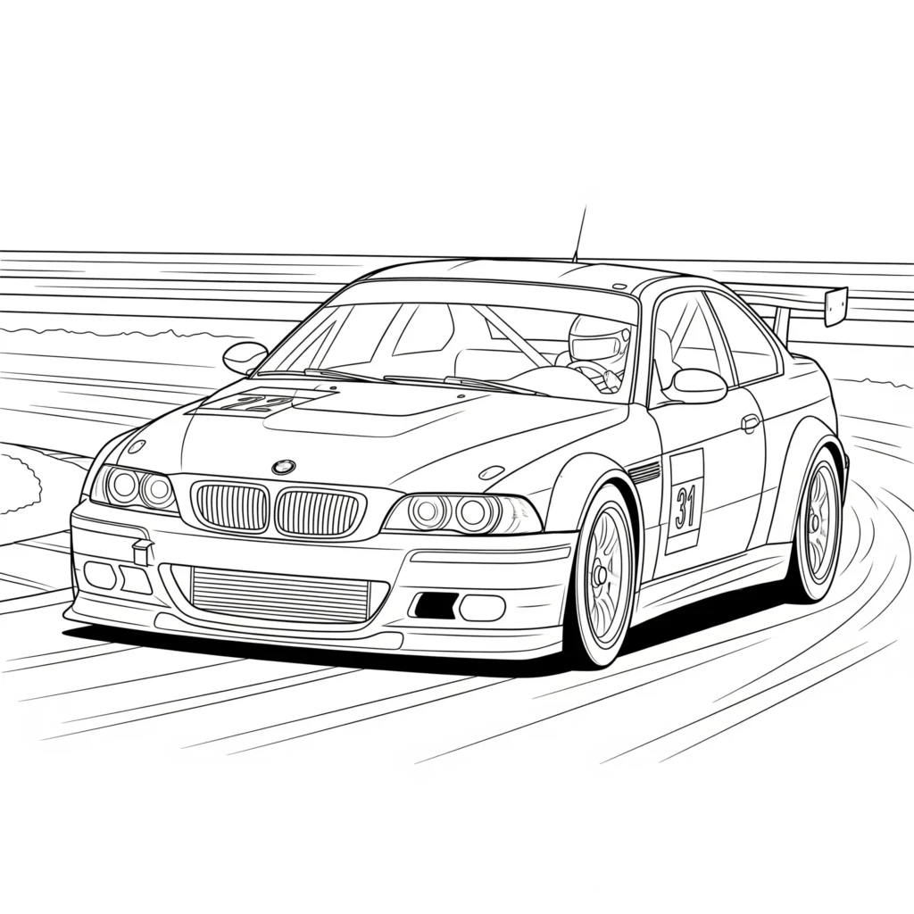 BMW Ausmalbild zeigt ein Auto in einer spannenden Rennszene, perfekt zum Ausdrucken und Ausmalen für Kinder