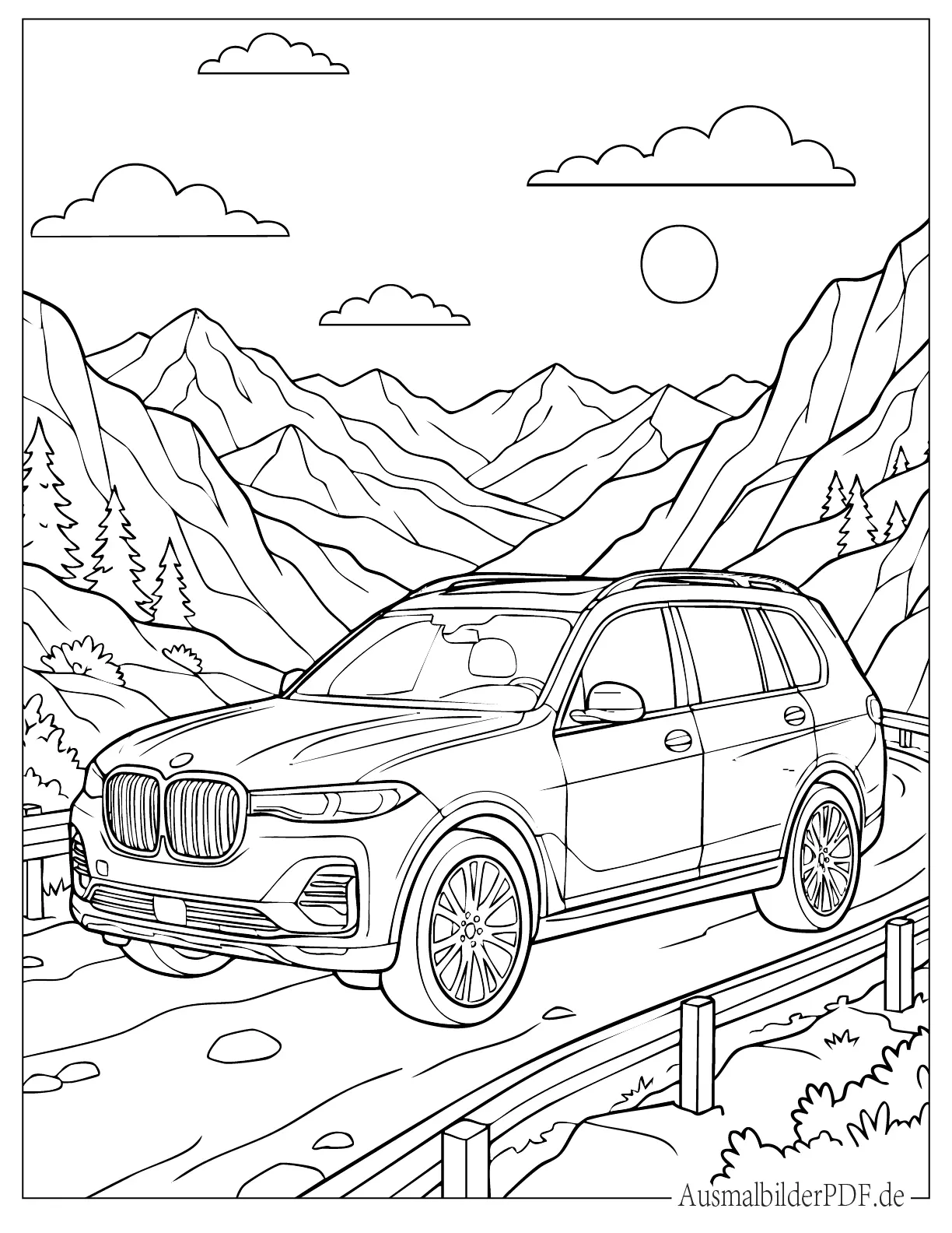 Realistischer BMW SUV fährt auf Bergstraße Ausmalvorlage