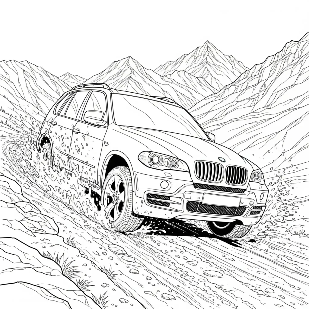 BMW X5 Ausmalbild mit Off-Road-Motiv, perfekt zum Ausdrucken und Ausmalen für Kinder