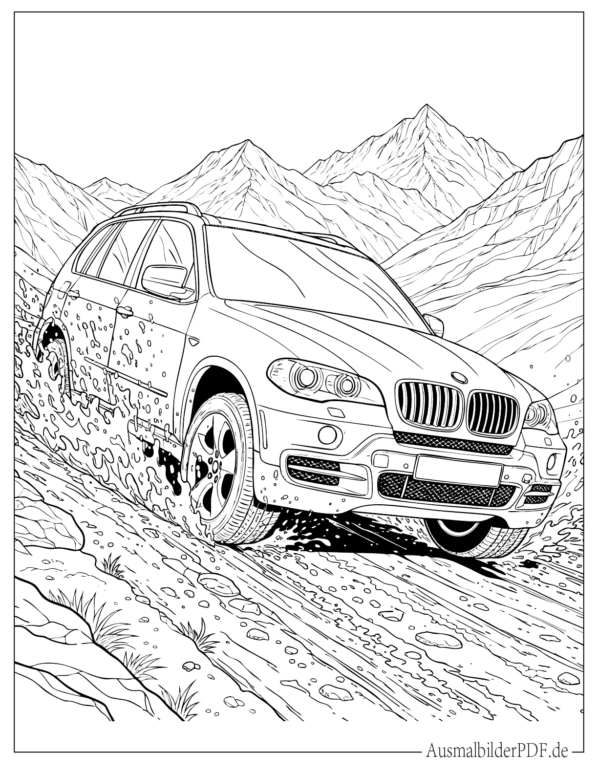 Malvorlage BMW X5 Offroad fährt auf schlammiger Straße 