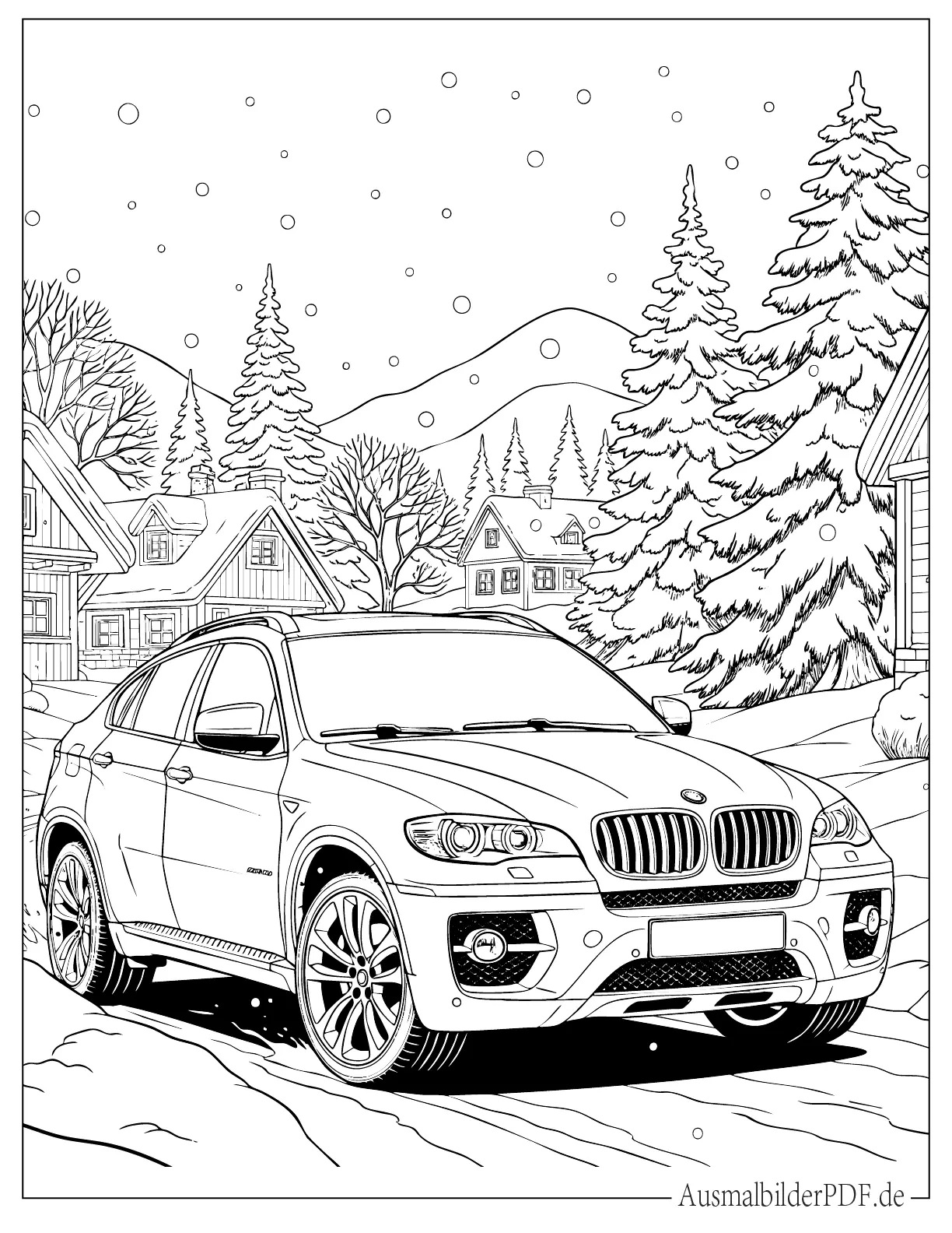 Detaillierter BMW X6 fährt im Schnee Ausdruckbare Malvorlage