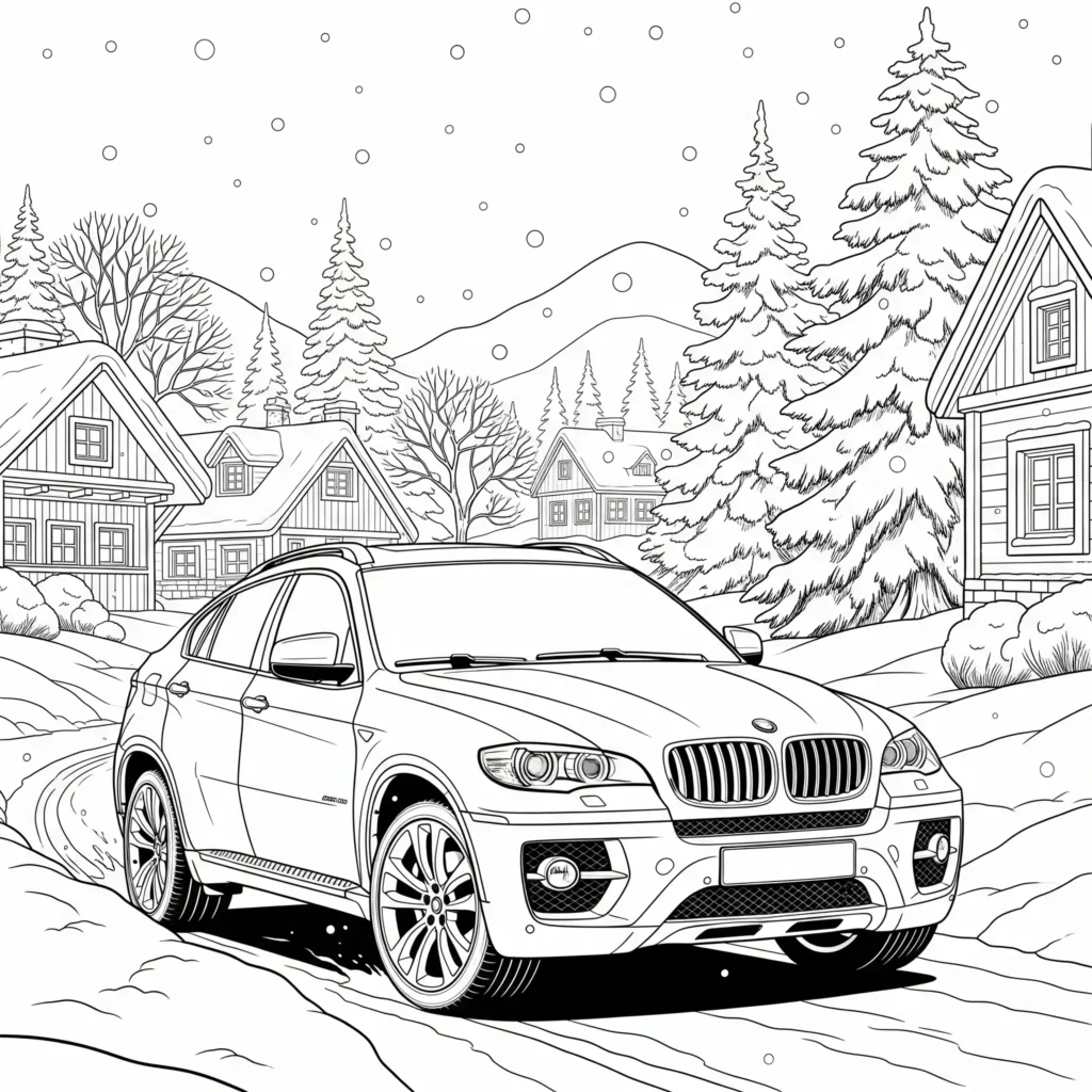 BMW X6 Ausmalbild im winterlichen Schneemotiv, perfekt zum Ausdrucken und Ausmalen für Kinder