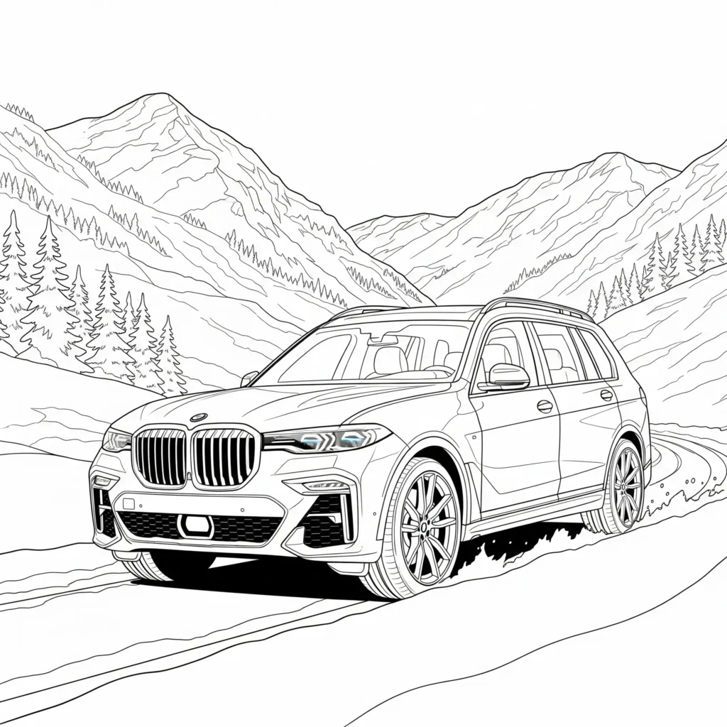 BMW X7 Ausmalbild als Malvorlage zum Ausdrucken, ideal für Kinder, die große SUVs mögen