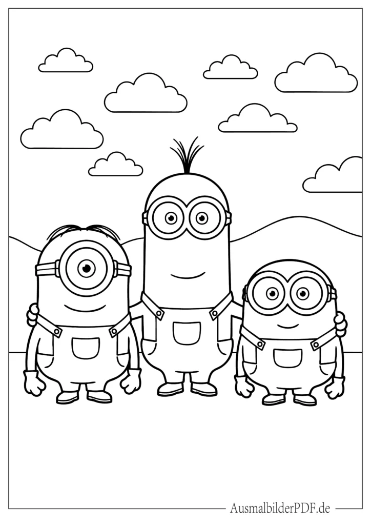 10+ Minion Ausmalbilder (Gratis Malvorlage PDF zum drucken) Ausmalblatt von Bob, Kevin und Stuart Minions zusammen, perfekt für Kinder zum Ausdrucken und Ausmalen
