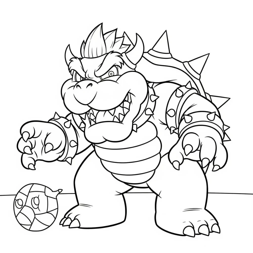 Bowser Ausmalbild für Kinder zum Ausdrucken, ideal als kostenlose Malvorlagen für kreatives Ausmalen