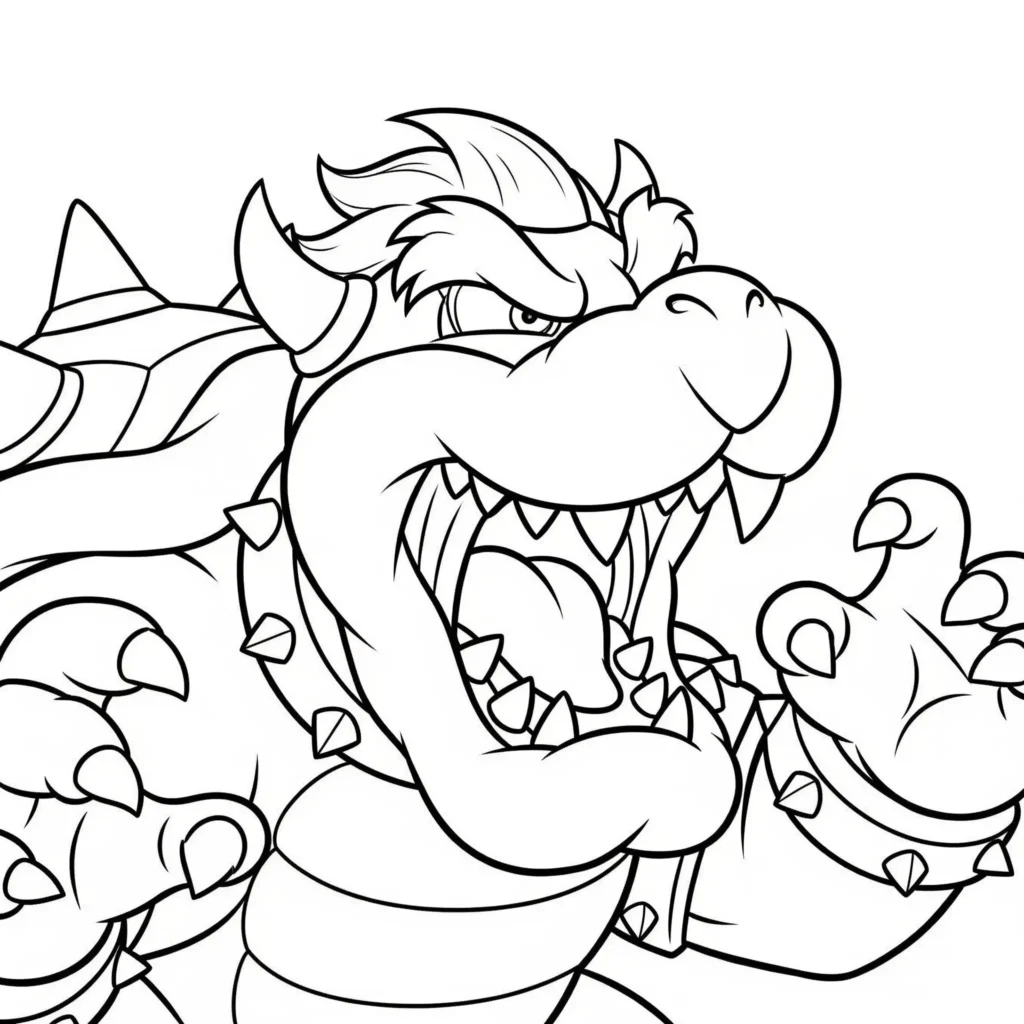 Bowser brüllt laut in diesem Ausmalbild zum Ausdrucken, kostenlose Malvorlage für Kinder und Erwachsene