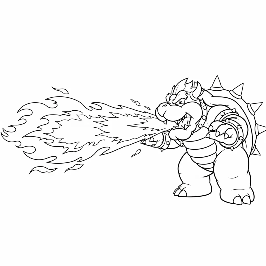Bowser spuckt Feuer in diesem Ausmalbild zum Ausdrucken, kostenlose Malvorlage für Kinder und Erwachsene