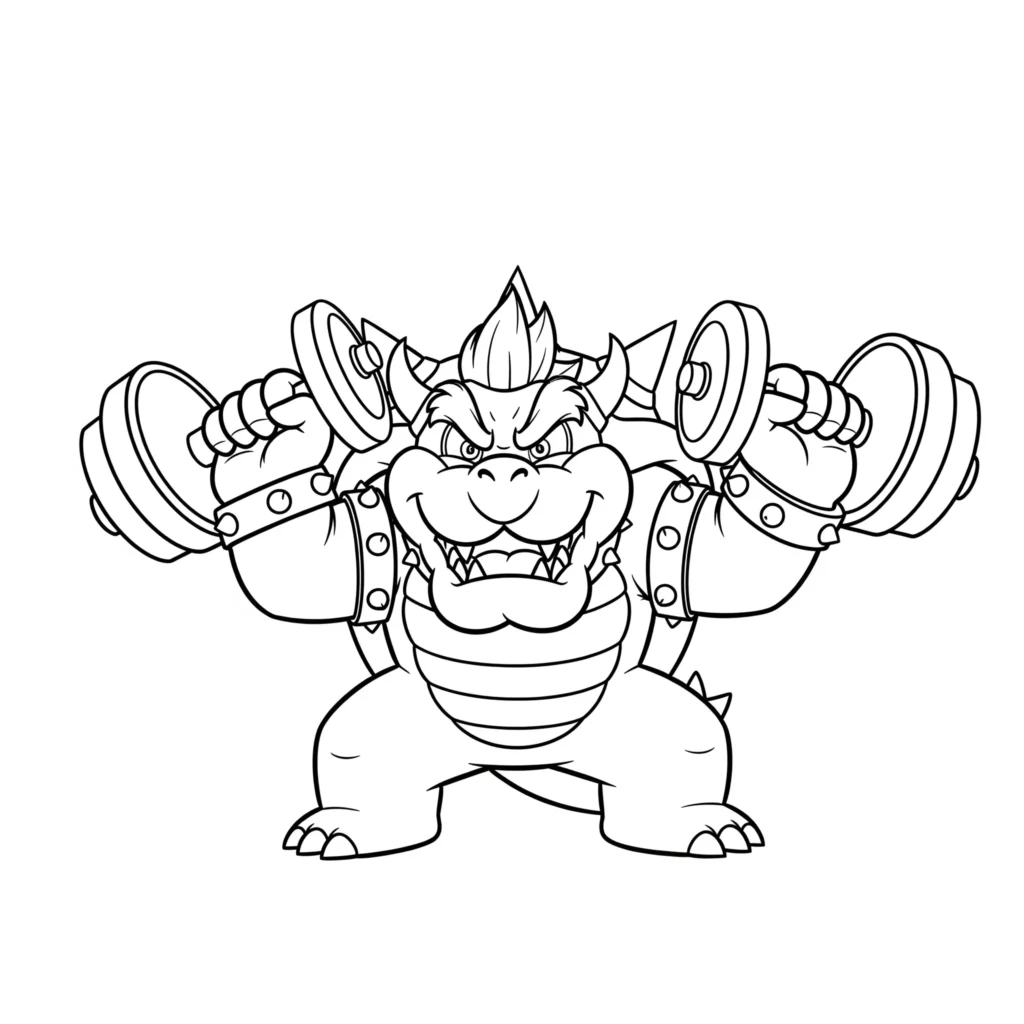 Bowser hebt Gewichte in diesem Ausmalbild zum Ausdrucken, kostenlose Malvorlage für Kinder und Erwachsene