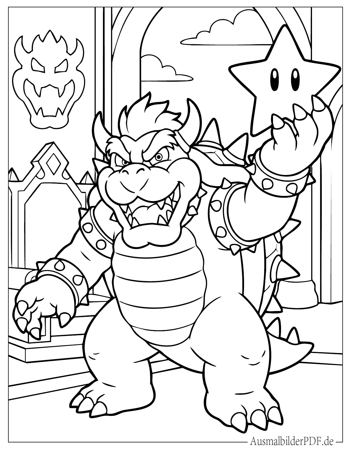 Bowser hält Super Stern Ausmalbild zum Ausdrucken