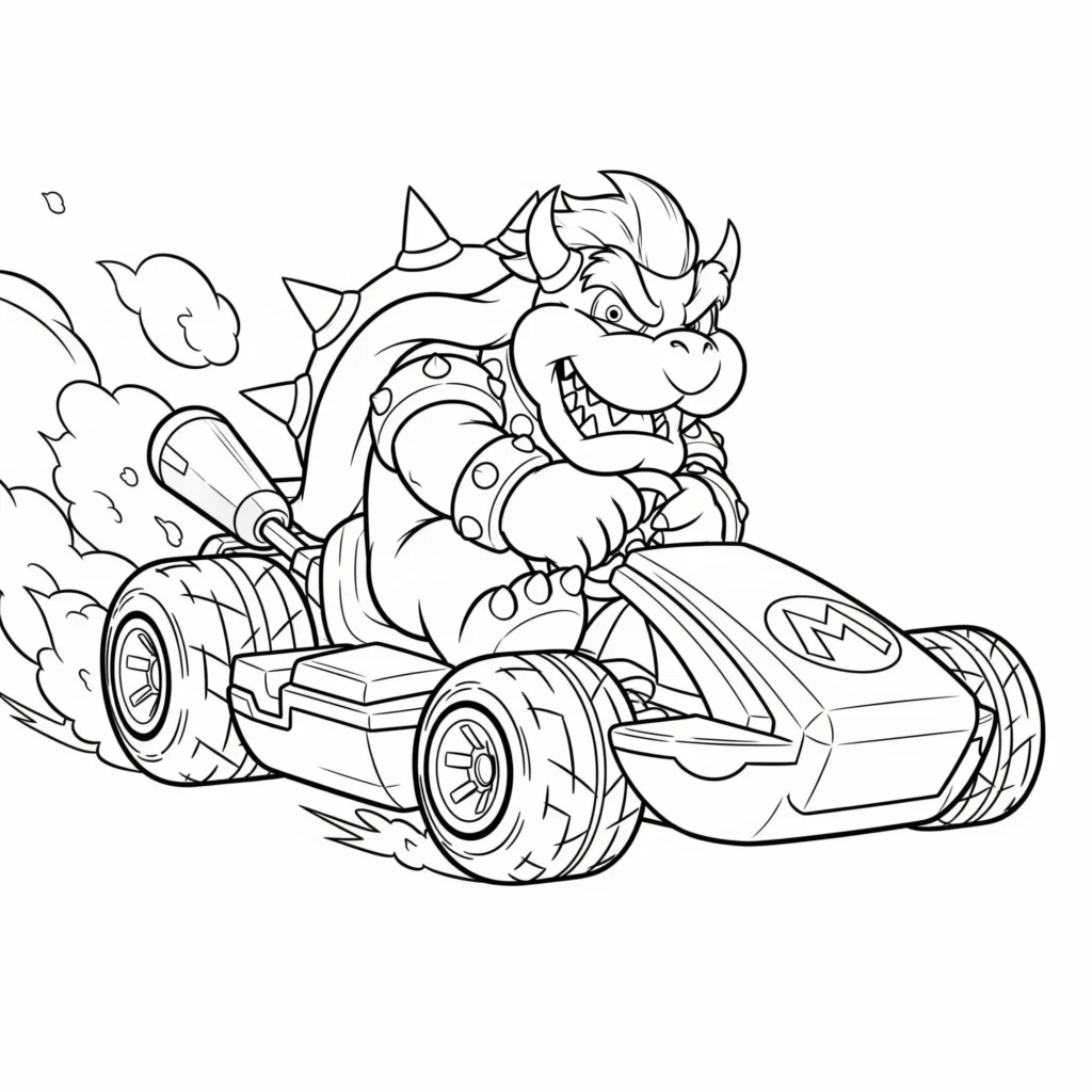 Bowser fährt ein Kart in diesem Ausmalbild zum Ausdrucken, kostenlose Malvorlage für Kinder und Erwachsene