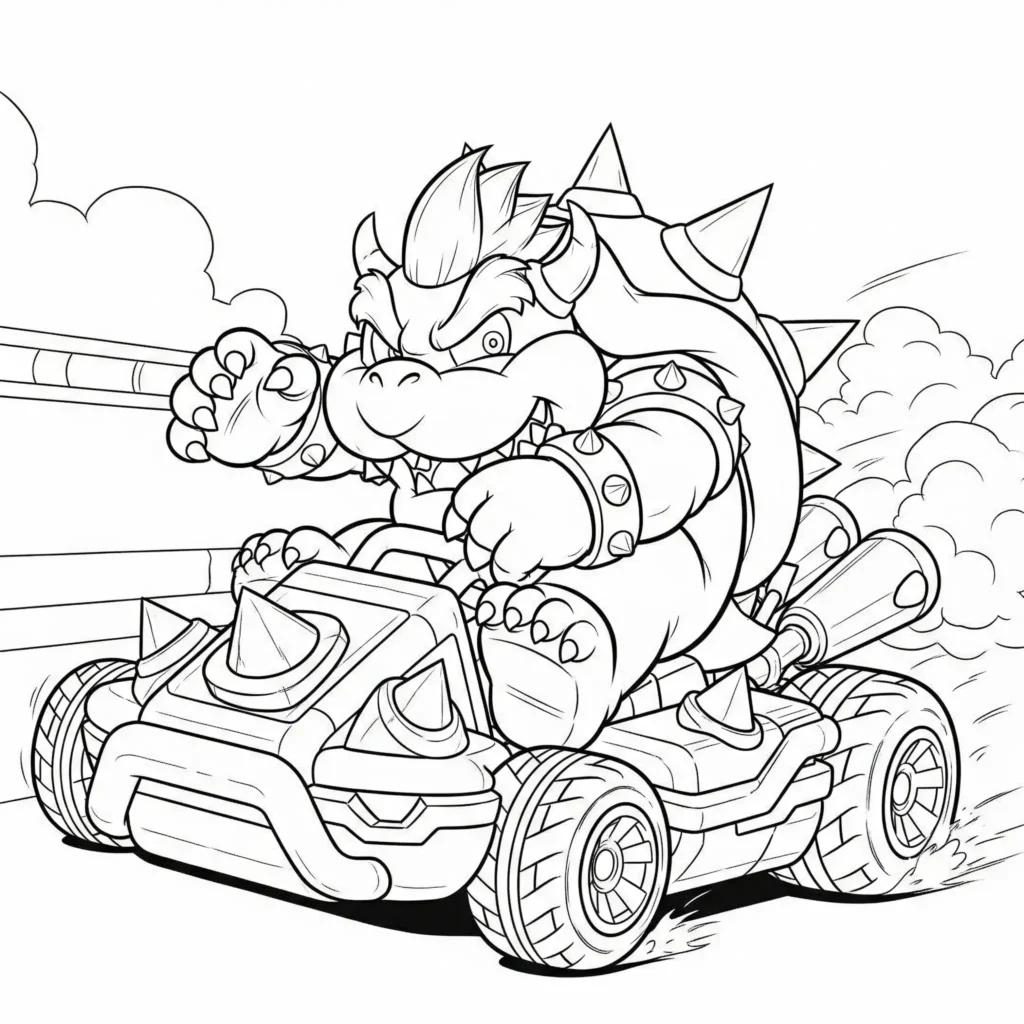 Bowser nimmt an einer spannenden Kart Challenge teil in diesem Ausmalbild zum Ausdrucken für Kinder und Erwachsene als kostenlose PDF Vorlage