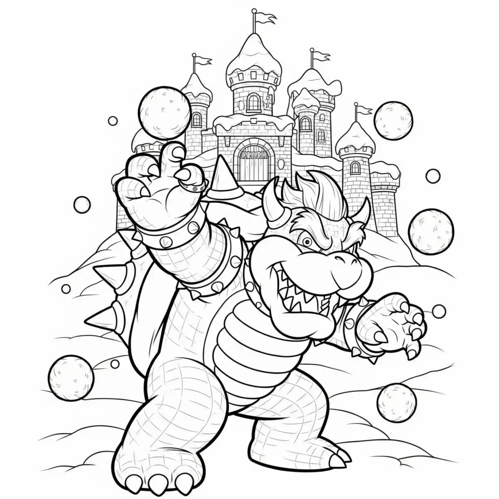 Bowser wirft Schneebälle in diesem Ausmalbild zum Ausdrucken, kostenlose Malvorlage für Kinder und Erwachsene