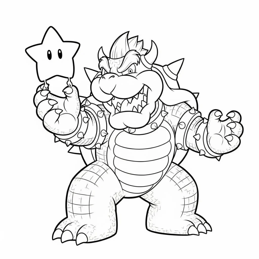 Bowser hält einen Superstern in diesem Ausmalbild zum Ausdrucken, ideale kostenlose Malvorlage für Kinder und Erwachsene