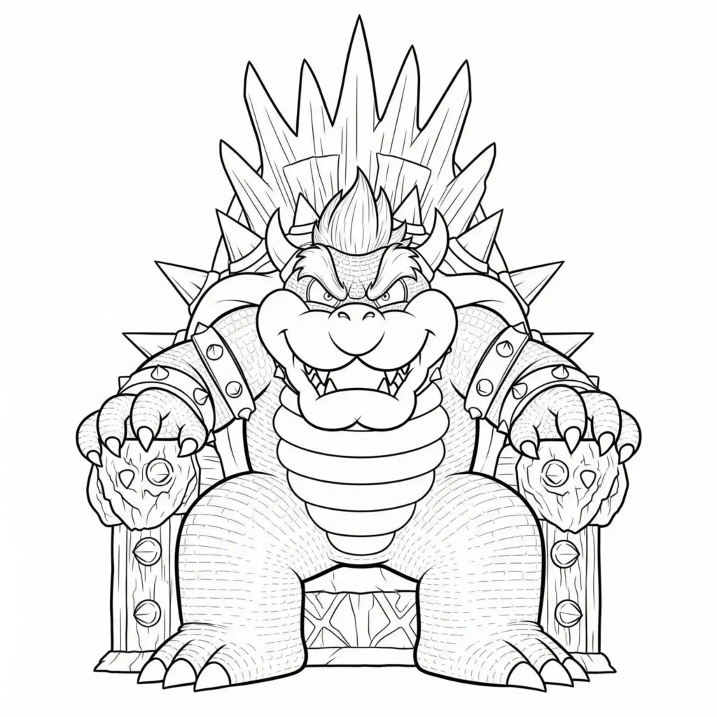 Bowser aus Super Mario sitzt auf seinem Thron in diesem Ausmalbild zum Ausdrucken, kostenlose Malvorlage für Kinder und Erwachsene
